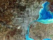 A simulated-color satellite image of Metro Detroit, with Windsor across the river, taken on NASA's Landsat 7 satellite.