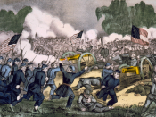 The battle of Gettysburg, Pa. July 3d. 1863, depicting the Battle of Gettysburg, fought July 1—3, 1863. The battle was part of the American Civil War and was won by the North. Hand-colored lithograph by Currier and Ives. Español: Batalla de Gettysburg Mag