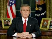 English: President George W. Bush addresses the nation from the Oval Office at the White House Wednesday evening, March 19, 2003, announcing the beginning of Operation Iraqi Freedom. :THE PRESIDENT: My fellow citizens, at this hour, American and coalition