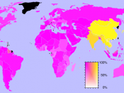 Map showing the prevalence of Abrahamic (pink) and Dharmic religions (yellow) in each country.