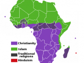 A map of the Africa, showing the major religions distributed as of today. Map shows only the religion as a whole excluding denominations or sects of the religions, and is colored by how the religions are distributed not by main religion of country etc.