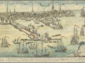 A view of the Town of Boston in New England and British ships of war landing their troops, 1768