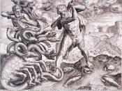 English: Engraving about the second labour of Heracles: slay the Lernaean Hydra Español: Grabado sobre el segundo trabajo de Heracles: matar a la Hidra de Lerna