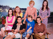 The main cast of Two and a Half Men (seasons 1–4), from left to right: Melanie Lynskey as Rose, Conchata Ferrell as Berta, Charlie Sheen as Charlie Harper, Holland Taylor as Evelyn Harper, Angus T. Jones as Jake Harper, Jon Cryer as Alan Harper, and Marin