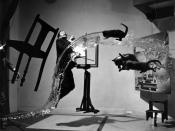 The Dali Atomicus, photo by Philippe Halsman (1948), shown before its supporting wires were removed.