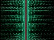 The signal of an AM radio station on the MW band. Time runs from up to down, frequency from left to right. The strong vertical line in the center, colored red, is the carrier wave at 558 kHz; the two mirrored audio spectra (green) are the lower and upper 