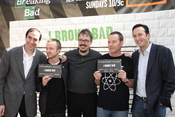 Aaron Paul, Vince Gilligan and Bryan Cranston of AMC's 'Breaking Bad' with producers (left: Josh Sapan, President and Chief Executive Officer AMC Networks; right: Charles Collier, President and General Manager AMC)