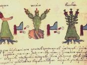 Middle section of page 34 of Codex Osuna, from 1565, showing the pictorial symbols for Texcoco, Tenochtitlan (Mexico), and Tlacopán.