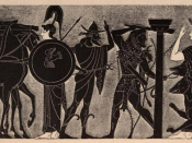 In this vase painting, Heracles leads a two-headed Cerberus out of Hades.