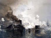 USS Monitor in action with CSS Virginia, 9 March 1862 Aquarelle facsimile print of a painting by J.O. Davidson.