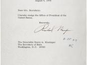 English: President of the United States Richard M. Nixon's Resignation Letter, 08/09/1974 (August 9th 1974) (ARC Identifier: 302035).