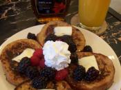 French toast, maple syrup, and orange juice. San Diego, California.