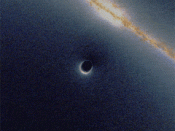 Simulated gravitational lensing (black hole going past a background galaxy).