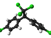 Ball-and-stick model of the DDT molecule, C 14 H 9 Cl 5 , as found in the crystal structure. X-ray diffraction data from J. Chem. Soc. Perkin Trans. 2 (1972) 2148-2153. Model constructed in CrystalMaker 8.1. Image generated in Accelrys DS Visualizer.