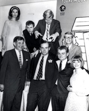 Clark Gesner with director Joseph Hardy and the original 1967 cast of You're a Good Man, Charlie Brown.