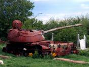 Soviet-built T-55-tank used by serbian military lies in ruins near Prizren, Kosovo. Picture taken in 2005.