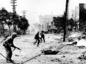 Urban combat in Seoul, 1950, as US Marines fight North Koreans holding the city.