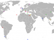 English: Map indicating places visited by Lara Croft during the first five computer games: Tomb Raider Tomb Raider II Tomb Raider III Tomb Raider: The Last Revelation Tomb Raider: Chronicles
