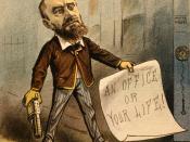 English: Political cartoon created for the cover of Puck Magazine on July 13, 1881. The cartoon shows Charles J. Guiteau with a gun, and a note that reads 