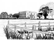 Walton Hall, headquarters of the Open University, in 1970. Pen & Ink drawing by Hilary French from a photo by Tony French.