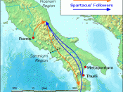 The events of early 71 BC. Marcus Licinius Crassus takes command of the Roman legions, confronts Spartacus, and forces the rebel slaves to retreat through Lucania to the straits near Messina. Plutarch claims this occurred in the Picenum region, while Appi