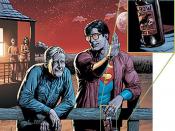 The recalled cover of Action Comics #869, showing Superman and Jonathan Kent enjoying a bottled beverage. The bottom of the drink's label appears to say 
