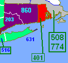 Map showing area code 401 and surrounding area.