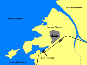 Map of Minamata, illustrating the Chisso factory and its effluent routes. Polish version.