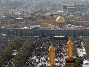 Millions of Shia Muslims gather around the Husayn Mosque in Karbala after making the Pilgrimage on foot during Arba'een. Arba'een is a forty day period that commemorates the martyrdom of Husayn bin Ali, grandson of the Prophet Muhammad, and seventy-two of