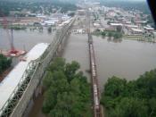 English: The new Atchison, the Amelia Earheart Bridge and Atchsion rail bridge on June 26, 2011 during the 2011 Missouri River floods.