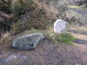 English: Memorial Stones, Wareham Forest. The stone on the left bears the letters V E and the one on the right carries the date 1817. The shape of the latter suggests that it could be a headstone. At this date in the 19th century the area would still 