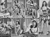 English: A magazine feature from Beauty Parade from March 1952 stereotyping women drivers. It features Bettie Page as the model.