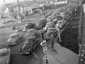 Traffic jam at Venice Boulevard and La Cienega Boulevard in Los Angeles, Calif., 1953