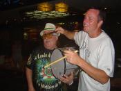 Mike Vondran drumming with a Brazilian drummer in Copacabana, Rio de Janeiro, Brazil, December 31 2008.