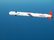 A Raytheon Tomahawk Block IV cruise missile during a U.S. Navy flight test at NAWS China Lake, California (Nov. 10, 2002)