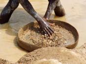 A miner in Kono District, Sierra Leone searches his pan for diamonds.