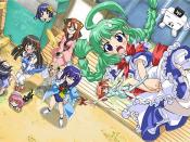 A group of OS-tans. Background, left (clockwise): Windows 98SE (in box), Windows 95, Symantec Antivirus (male), Windows 2000 (in front), Windows Server 2003 (fish outfit, with cat), Windows 98 (unusual form), Windows XP (holding skirt). Background, right: