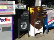 Image taken by User:Minesweeper on December 14, 2003 and released into the public domain. From left to right, the post boxes belong to FedEx Corporation, University of California, Berkeley, United Parcel Service, and two from the United States Postal Serv