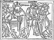 English: Illustration from Boccaccio's De Mulieribus Claris (1473) of the revenge of Orestes; Clytemnestra and Aegisthus murder Agamemnon (left) leading, later, to Orestes' murder of Clytemnestra and Aegisthus in revenge (right).