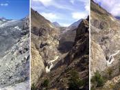 The retreat of Aletsch Glacier in the Swiss Alps (situation in 1979, 1991 and 2002) due to warming.