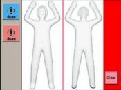 English: Body image scanner cartoon avatar, generated by software in lieu of actual body image, proposed for use in U.S. as airport screening method.