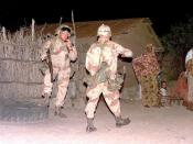Two US Army troops from the 10th Mountain Division are shown conducting a night time sweep for weapons in the small Somali village of Afgooye. Some Somali men, women and children are seen at the right. The 10th Mountain Division from Fort Drum, New York, 