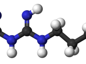 Skeletal formula of the buformin molecule, an anti-diabetic drug of the biguanide class.