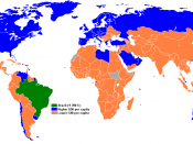English: Map of countries by GNI per capita compared to Brazil.