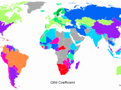 English: Differences in national income equality around the world as measured by the national Gini coefficient. The Gini coefficient is a number between 0 and 1, where 0 corresponds with perfect equality (where everyone has the same income) and 1 correspo