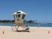 An enclosed life guard tower at Ala Moana Beach, Honolulu, Hawaii.