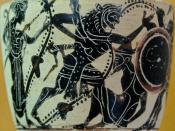 Herakles fighting Geryon (on the far right); Eurytion lays wounded at their feet, Athena (on the left) watches the scene. Attic white-ground black-figure lekythos.