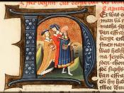 English: Illuminated letter of Elkanah and his two wives. Manuscript Den Haag, KB, 78 D 38 I