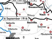 Basic 300-pixel thumbnail map showing location of Fort Doumont in relation to Verdun and the other forts north and northeast of Verdun. The lines of advance of German forces as at 26 February and 6 September 1916 are shown in black. The River Meuse is sho