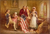 Betsy Ross 1777, a ca. 1920 depiction by Jean Leon Gerome Ferris of Ross showing George Washington (seated, left), Robert Morris, and George Ross how she cut the stars for the flag